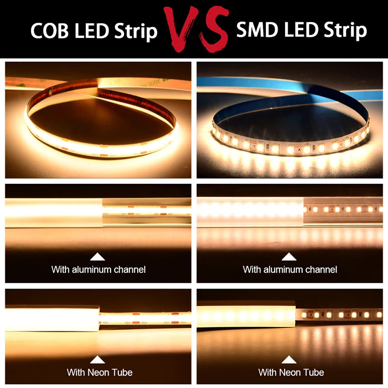 12V/24V COB LED Strip Light – High Density 480 LEDs/m

Bring even and elegant lighting to your spaces with our high-quality COB LED strip. With 480 LEDs per meter, it diffuses a continuous light without visible dots, ideal for a modern and warm look.