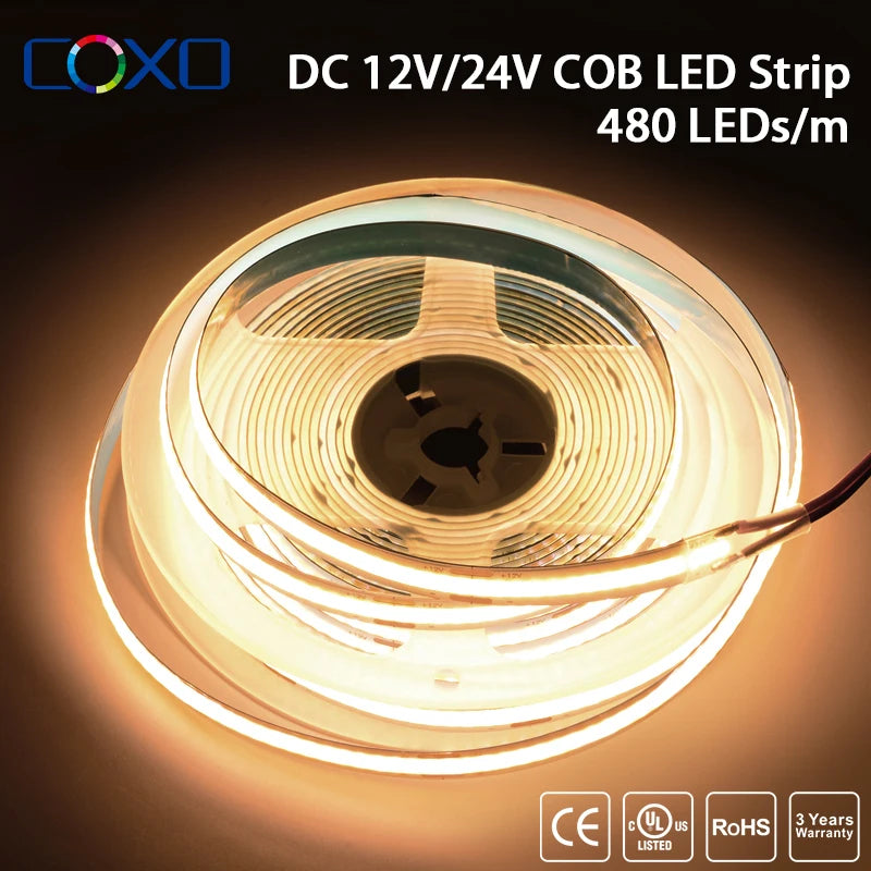 12V/24V COB LED Strip Light – High Density 480 LEDs/m

Bring even and elegant lighting to your spaces with our high-quality COB LED strip. With 480 LEDs per meter, it diffuses a continuous light without visible dots, ideal for a modern and warm look.